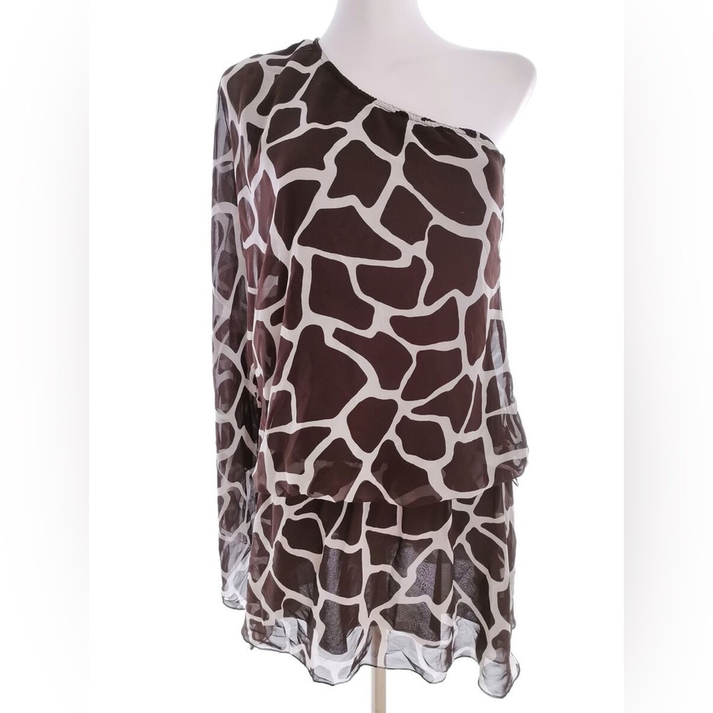 Boho Chic Brown Animal Print Chiffon Tunic Mini Dress One Shoulder M/L